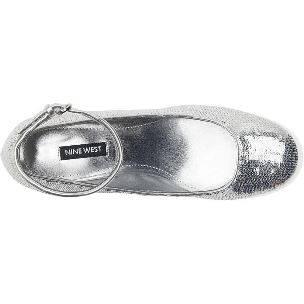 Nine West Amaize Dress Pump Women 12 Silver Sequin Block Heel Ankle Strap VER279